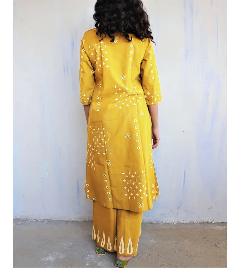 جو سريكي كورتا مطبوعة من منطقة فيسكوز على شكل خط A من GoSriKi مع قصر (تشاوريا الأصفر-GS_L_Yellow_Large)